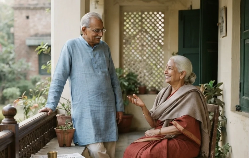 An older couple sharing a quiet morning moment on the verandah of their home