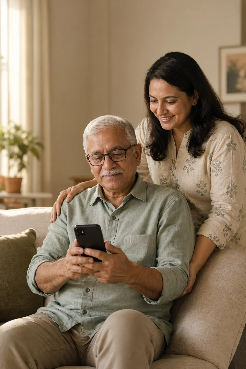 Older parent and adult child reviewing family support on a phone