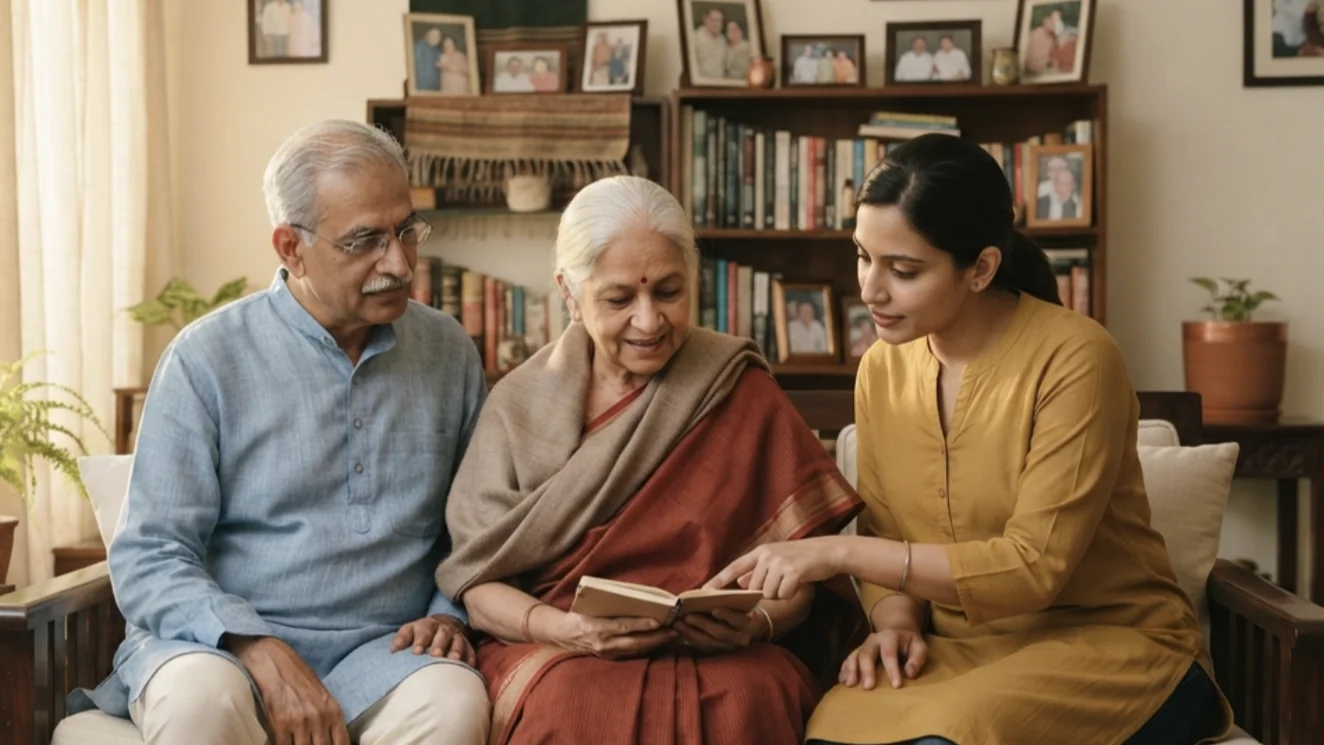 A family coordinator sits with elderly parents at home, reading together