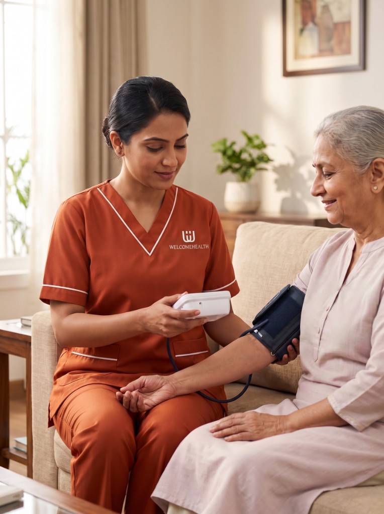 Nurse checking blood pressure during a home visit