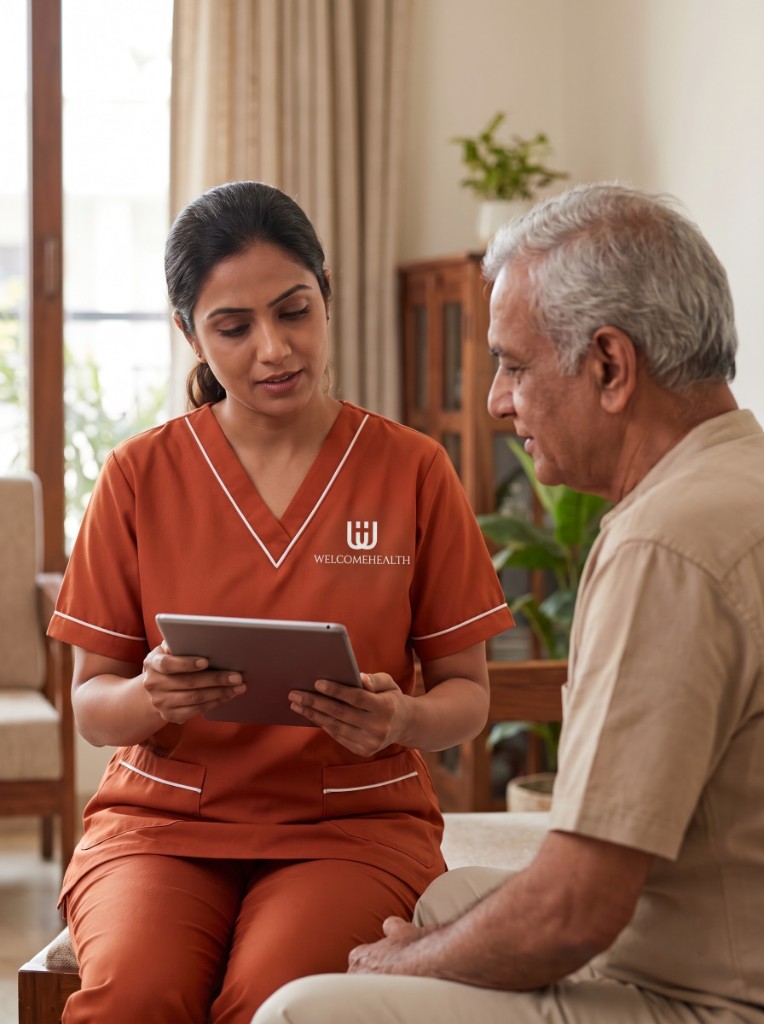 Nurse reviewing care updates with a parent on a tablet