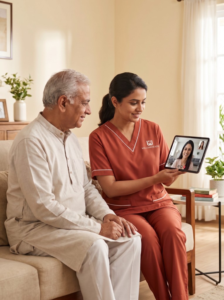 Nurse and parent on a geriatrician video consult at home
