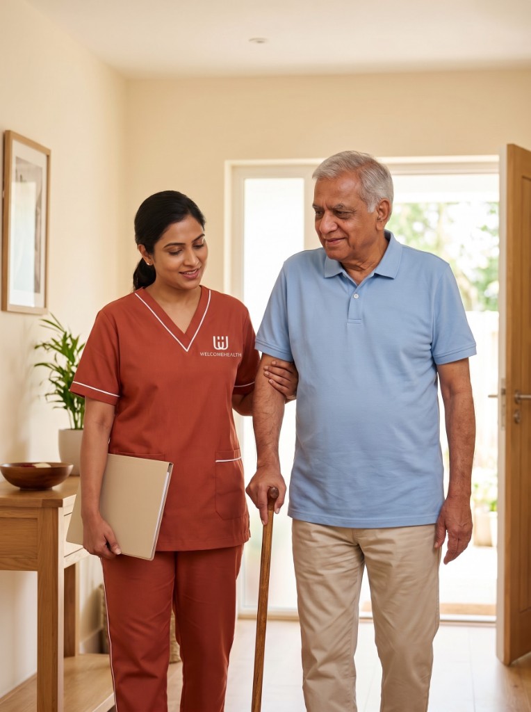 Care companion supporting a parent with walking at home